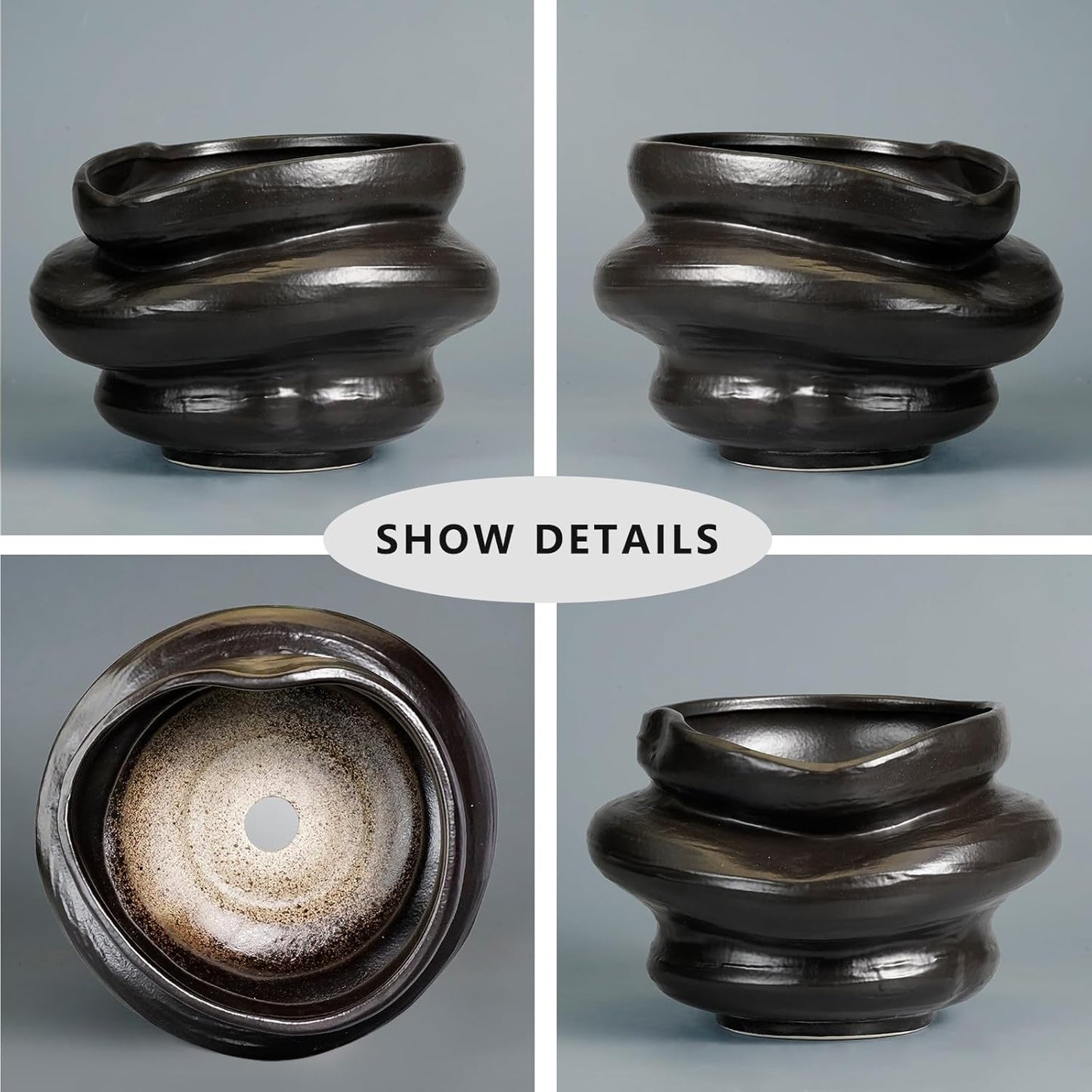 Ceramic Pots for Plants 11 Inch - Bonsai Flower Pots for Indoor Plants with Drainage Hole, Decorative Outdoor Pot for Plant, Gift for Men Women, Black