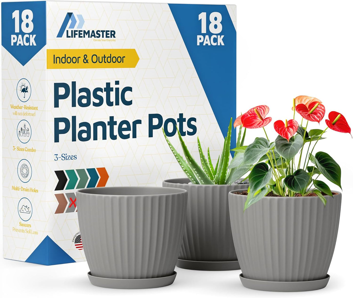 Gray 6-Inch Plant Pots with Drainage & Saucers 18 Pack, Indoor & Outdoor Planters for Houseplants, Herbs, and Flowers, Durable & Weatherproof Material, Stackable, Lightweight, Minimalist Design