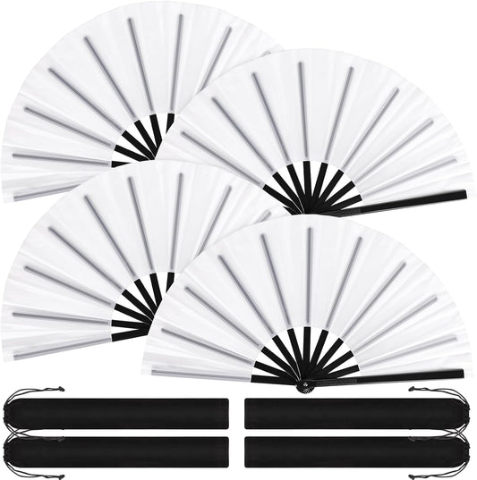 Blulu 4 Pcs 13 Inch Large Folding Hand Fans for Line Dancing Big Clapping Popping Raves Fans Bulk for Dancing Boots on The Ground Festival Party Decoration(Classic Style, White)