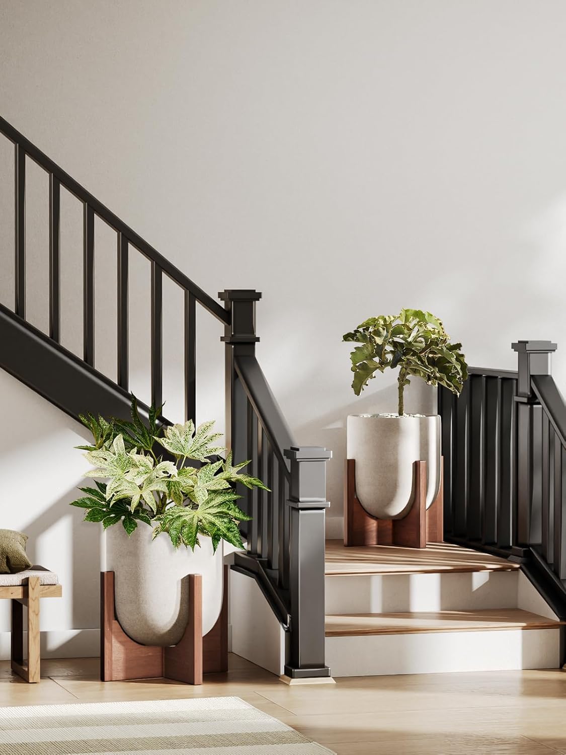 LE TAUCI 12 Inch Plant Pot with Acacia Wood Stand, Ceramic Large Planters for Indoor Plants, Indoor Pots for Plants Office Living Room, Cylinder Planter with Drainage Hole and Plug, Neutral Gray