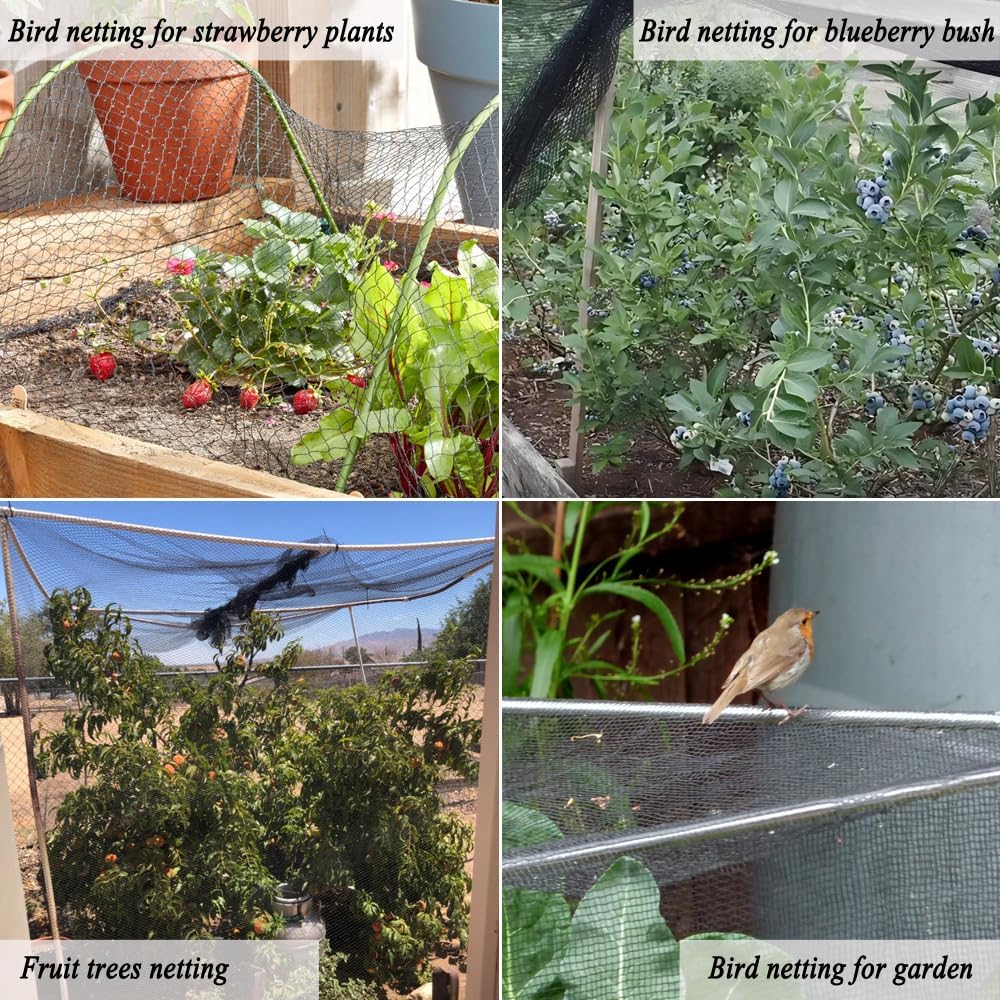 Junflying Bird Netting for Garden, 7.5X65 FT, 1/2“ Mesh, Strong Woven Deer Fence Netting for Garden Protection with Ties, Protect Vegetables, Fruit Trees, Blueberry Bushes, Strawberry Plants