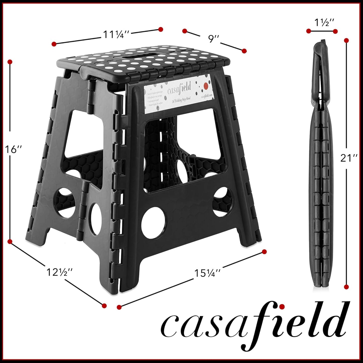 Casafield 16" Folding Step Stool with Handle, Black - Portable Collapsible Small Plastic Foot Stool for Adults - Use in The Kitchen, Bathroom and Bedroom