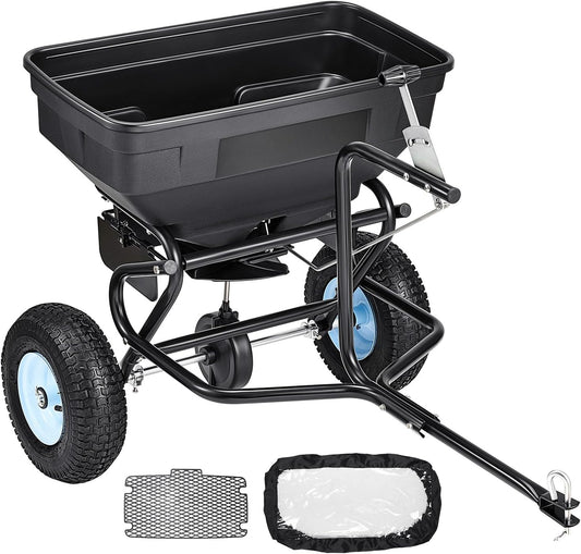 VEVOR Tow Behind Broadcast Spreader, 130LBS Capacity, Tow-Behind Lawn Spreader with 13 in Tires, 30 Adjustable Setting & 9.8 ft Spreading Width, Lawn Spreaders for Seed, Fertilizer, Salt, Ice Melt