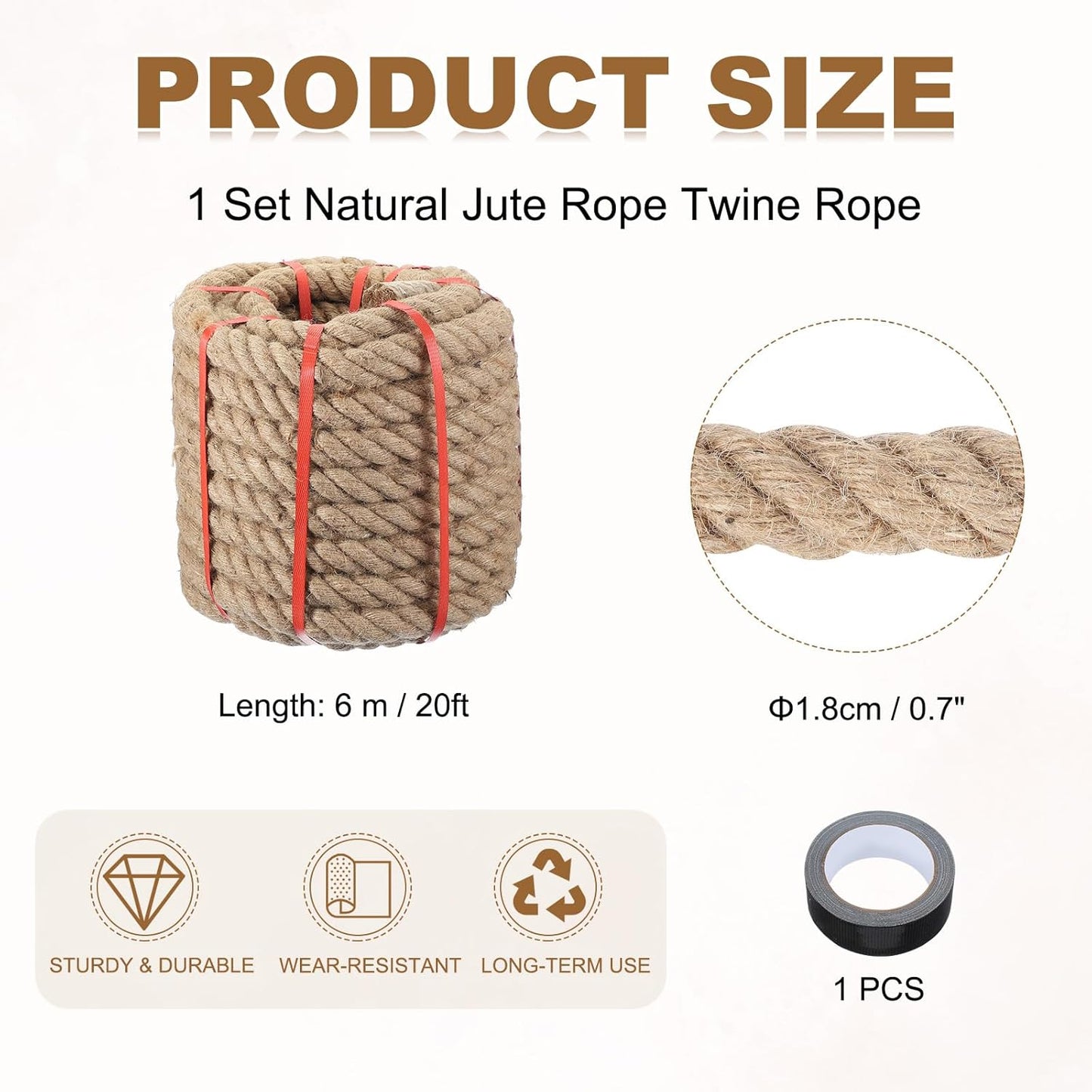 MECCANIXITY Jute Rope 20ft x 0.7 Inch, Thick Twine Rope Ropes Braided Jute Twine Natural Brown Burlap Cord String Heavy Twisted with Tape for Decorative Crafts Railing Swing Tug of War
