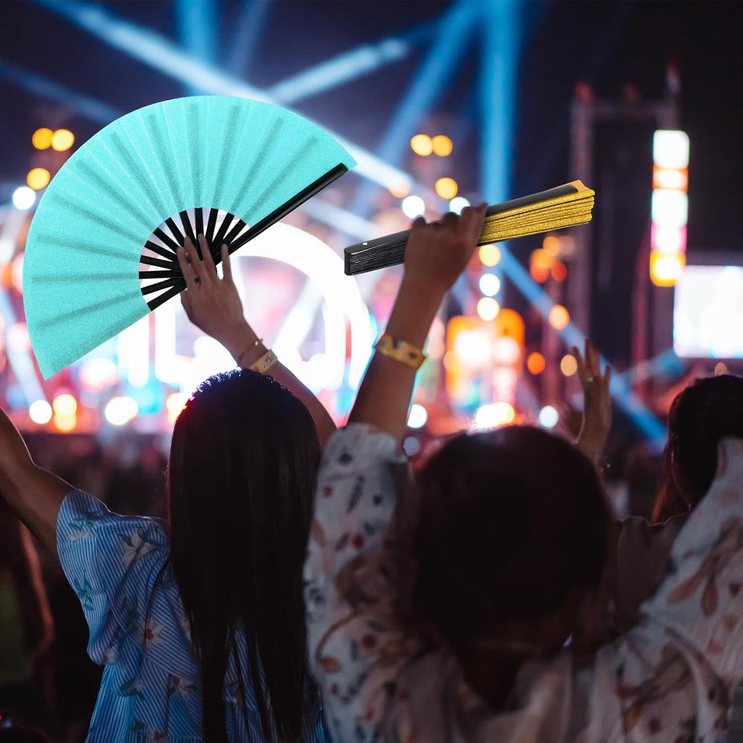 Maitys 2 Packs Large Clap Fans for Line Dancing Large Chinese Folding Hand Fans for Men and Women, Festival, Tai Ji, Kungfu, Martial Art, Gifts (Glitter Green and Gold)