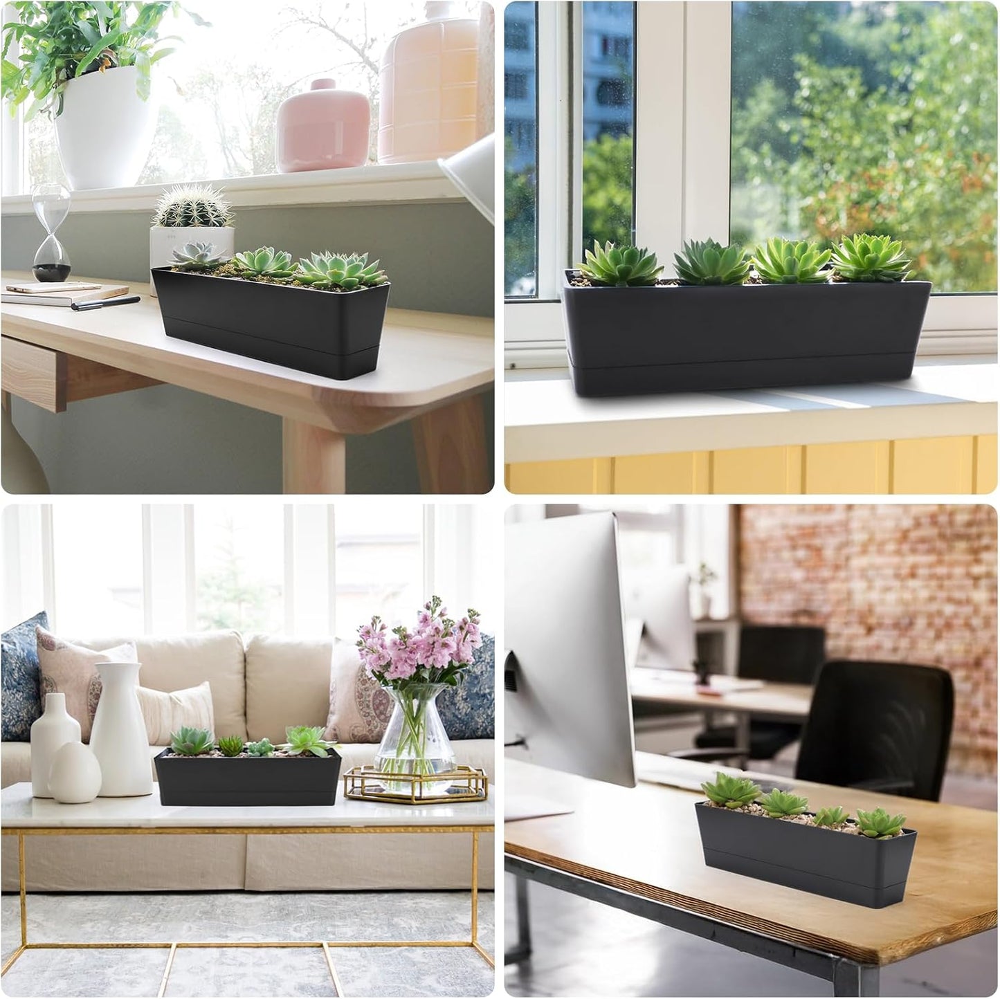 GREANER 6 Pack Herb Planters, 12x3.8 Inch Black Rectangle Window Boxes with Tray, Indoor Succulent Cactus Mint Plastic Pot for Windowsill, Balcony, Office, Outdoor Garden