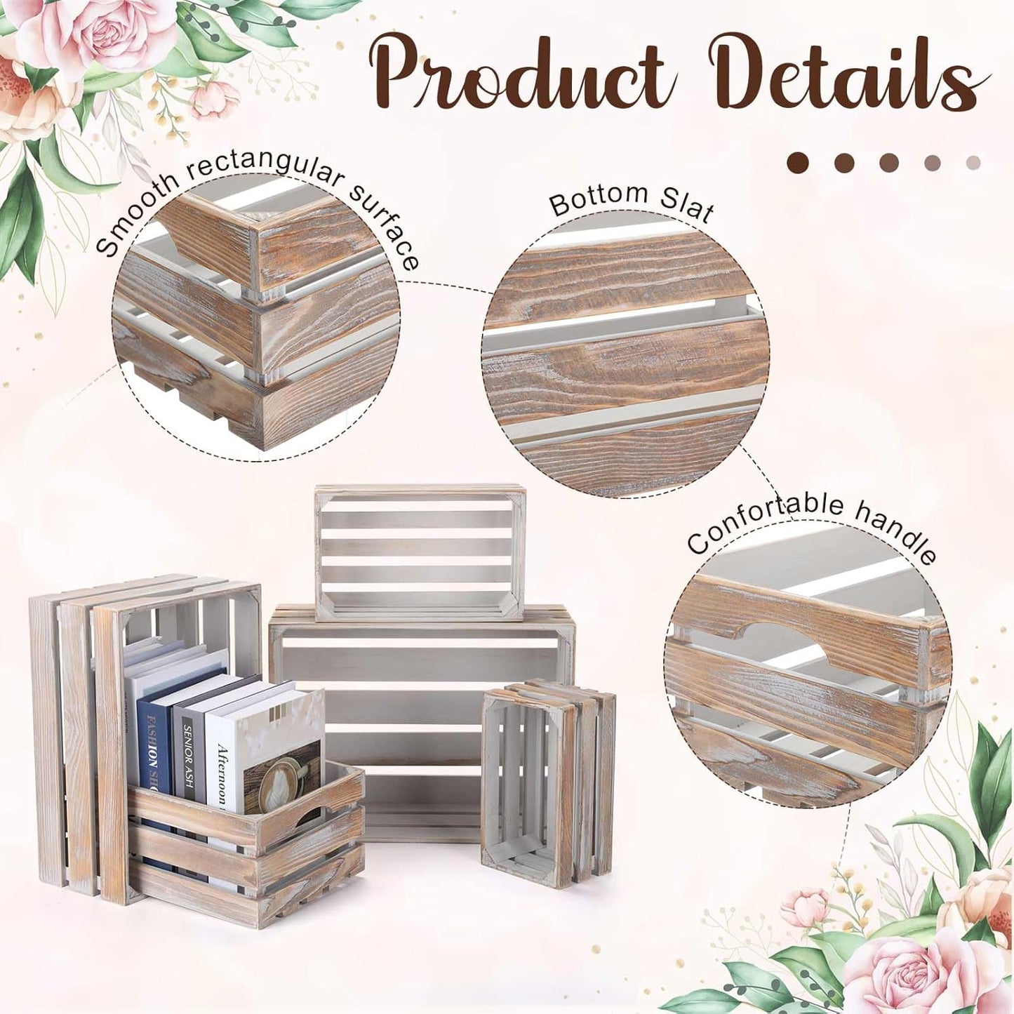 Soaoo 5 Pcs Decorative Nesting Wooden Crates for Storage Display 5 Size Large Small Rustic Wood Decorative Storage Crates with Handle Farmhouse Crate Box Container Made from Pine(Vintage Gray)