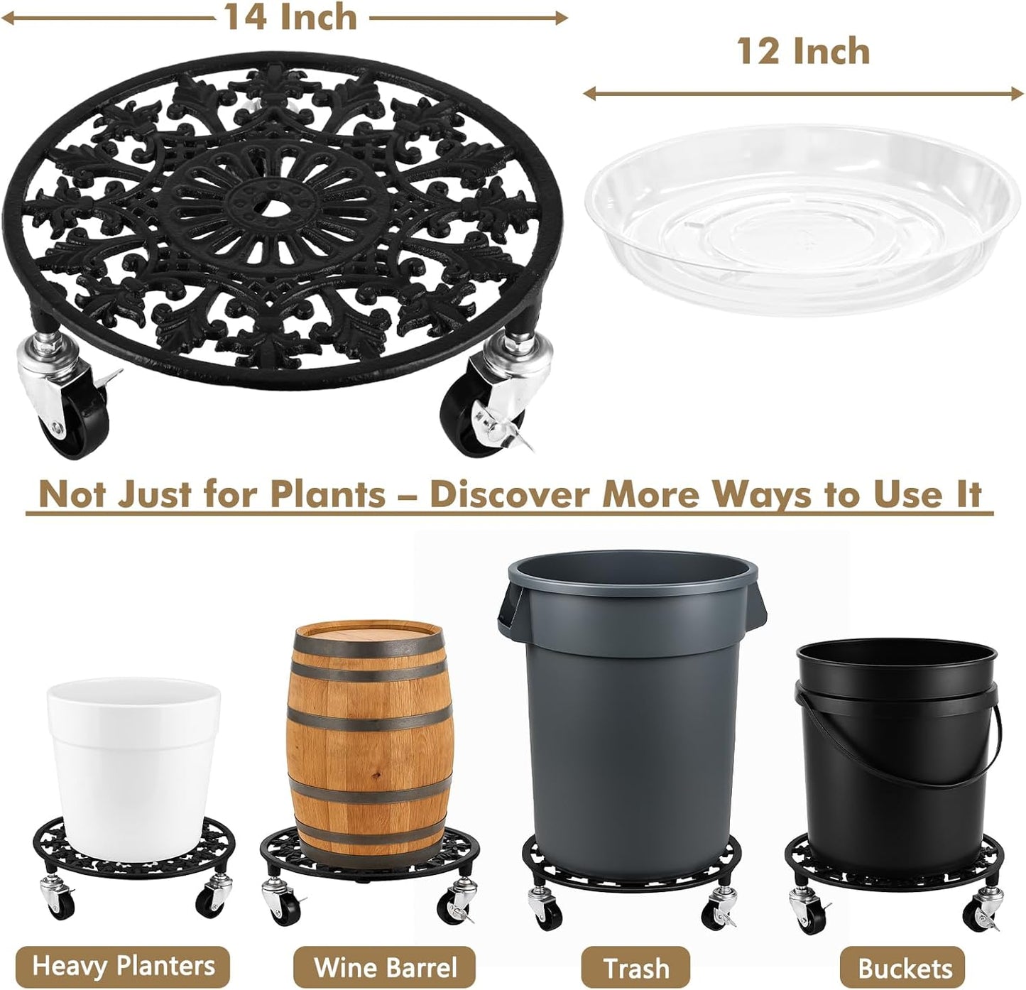 1 Pack Plant Caddy with Wheels 14 Inch Rolling Plant Stand for Large Plants Heavy Duty Plant Rollers Metal Plant Dolly Rustproof Planter Stand Wrought Iron Plant Stands Flower Cart Indoor Outdoor