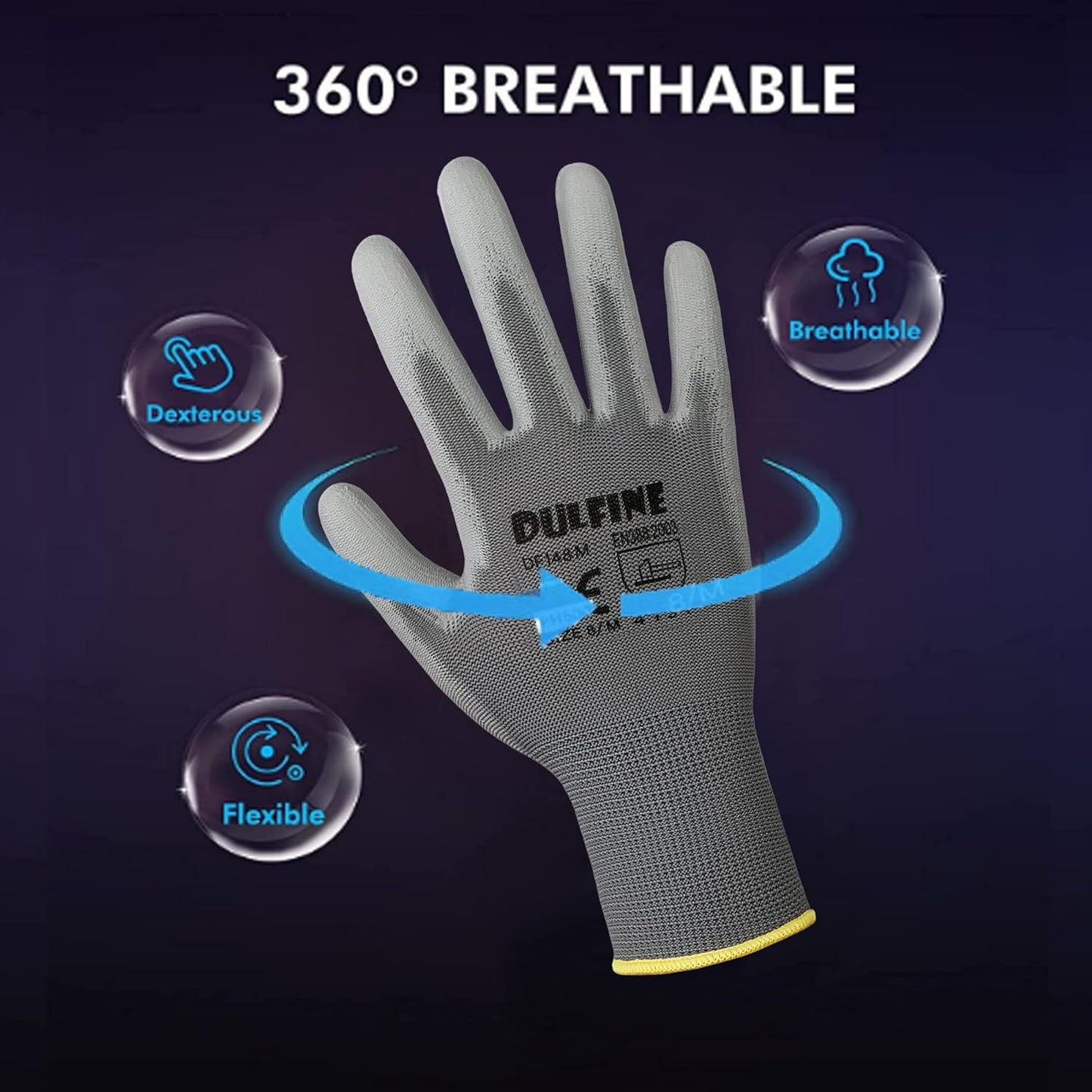 DULFINE Safety Work Gloves for Men PU Coated 60 Pairs Bulk Pack,Grey Yellow Seamless Knit Glove with thin Polyurethane Coated Smooth Grip on Palm & Fingers,Ideal for General Duty Work (Small)