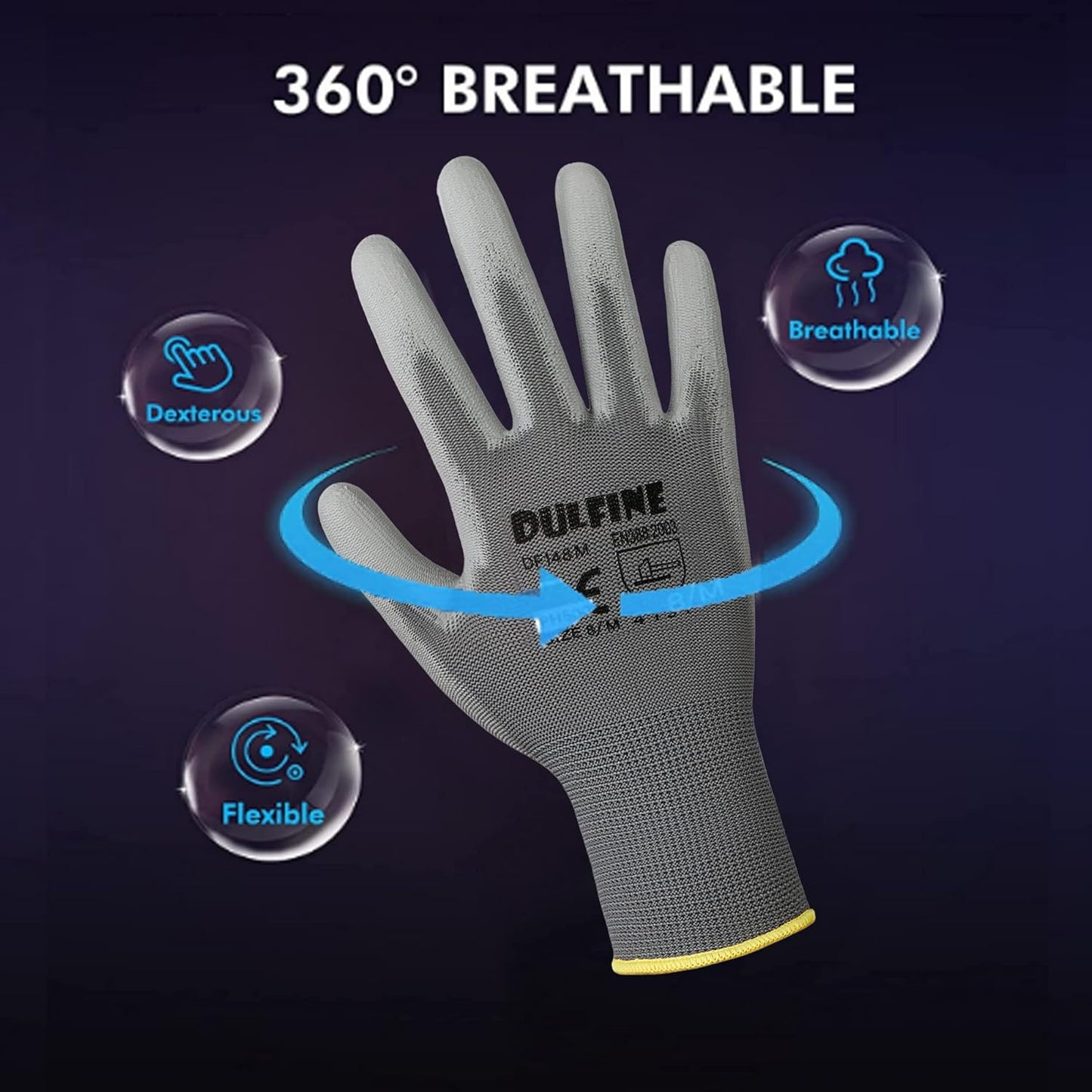 DULFINE Safety Work Gloves PU Coated-12 Pairs,Grey Seamless Knit Glove with Polyurethane Coated Smooth Grip on Palm & Fingers, for Men and Women, Ideal for General Duty Work (Large)