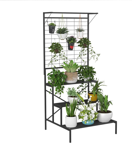 Zhongma 3 Tier Large Heavy Duty Plant Stand with Hanging Plant pot shelf, 35.43 x 33.27 x 78.74, Tall multi layer Plant Holder for Home, Garden, Each Tier: 35.43 L x 10.5W, Easy to Hold Large Plant