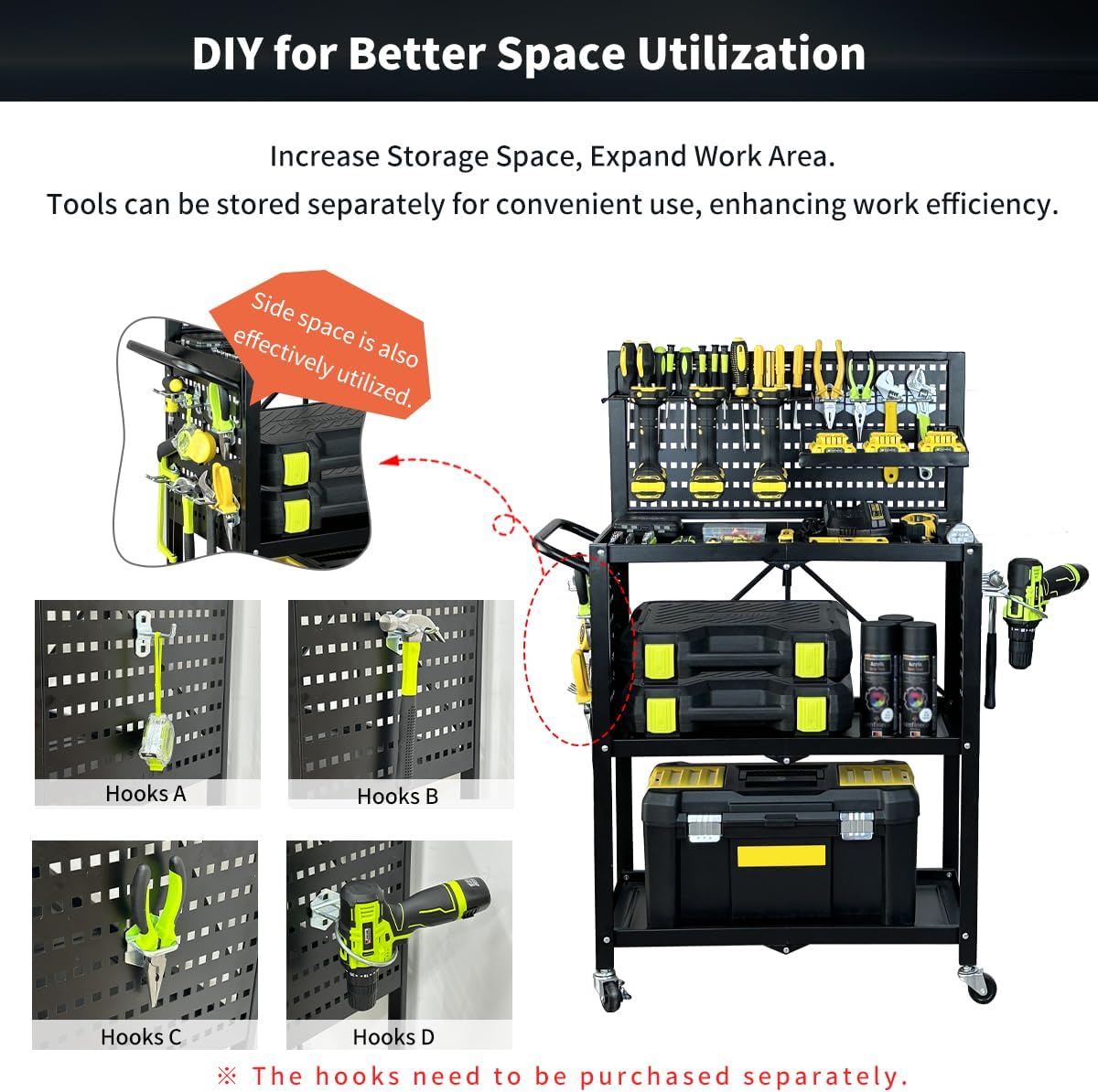 Lumizone Foldable Tool Cart with Wheels Rolling Utility Service Cart with Pegboard for Power Tool Organization Garage Organizer Storage on Wheels Heavy Duty Folding Design (Tool Cart)