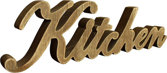 CVHOMEDECO. Rustic Vintage Distressed Wooden Words Sign Free Standing "Kitchen" Desk/Table/Shelf/Door/Home Wall Decoration Art, 15-1/2 x 4-1/4 x 1 Inch