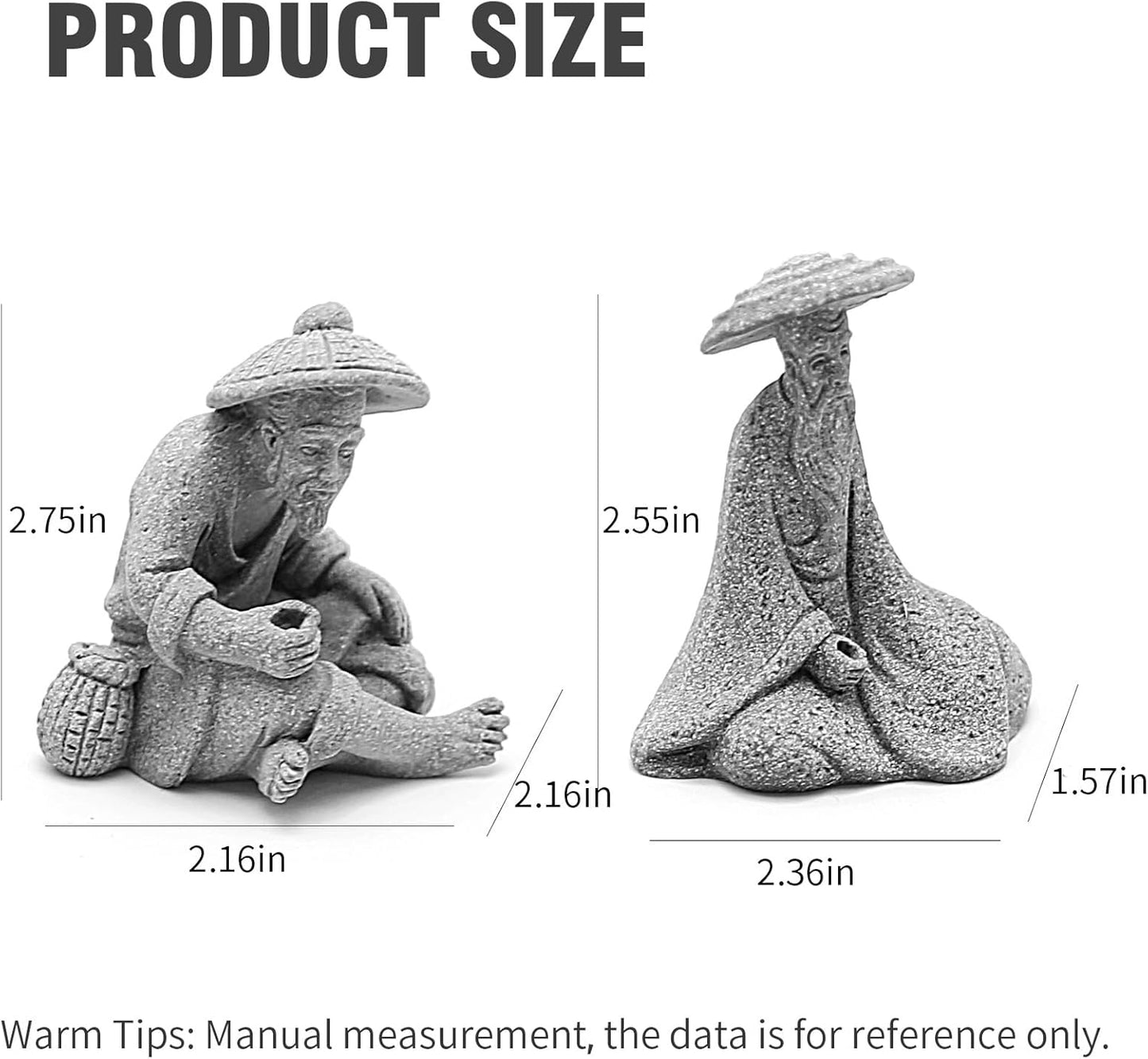 2PCS Sitting Fishing Figurines Sandstone Vintage Ornament Japanese Decor for Fish Tank Pot Garden Home Aquarium Mini Fisherman Statue Asian Zen Decoration