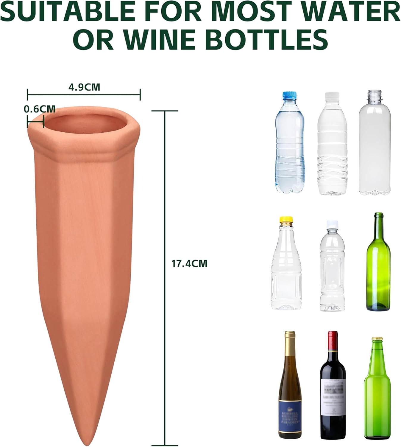 Large Terracotta Plant Watering Spikes, Automatic Plant Waterer Outdoor | Indoor Use, Vacation Clay Watering Devices System, Slow Release Self Watering Planter Insert, 6 Pack