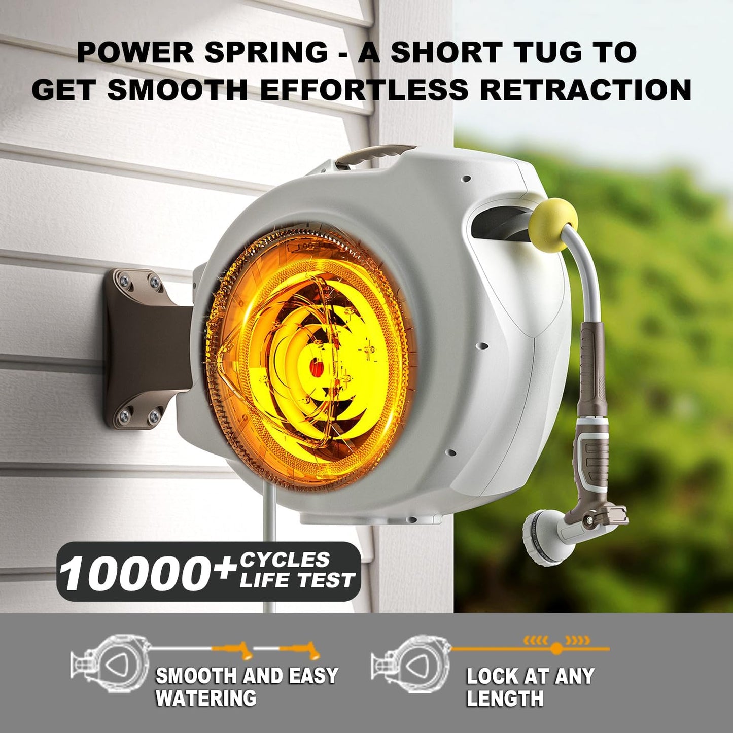 Retractable Garden Hose Reel, 1/2 in 120+6 ft, Heavy Duty Wall Mounted Water Hose Reel, Spring Power Automatic Rewind, Any Length Lock, 180° Swivel Bracket, 10 Pattern Spray Nozzle