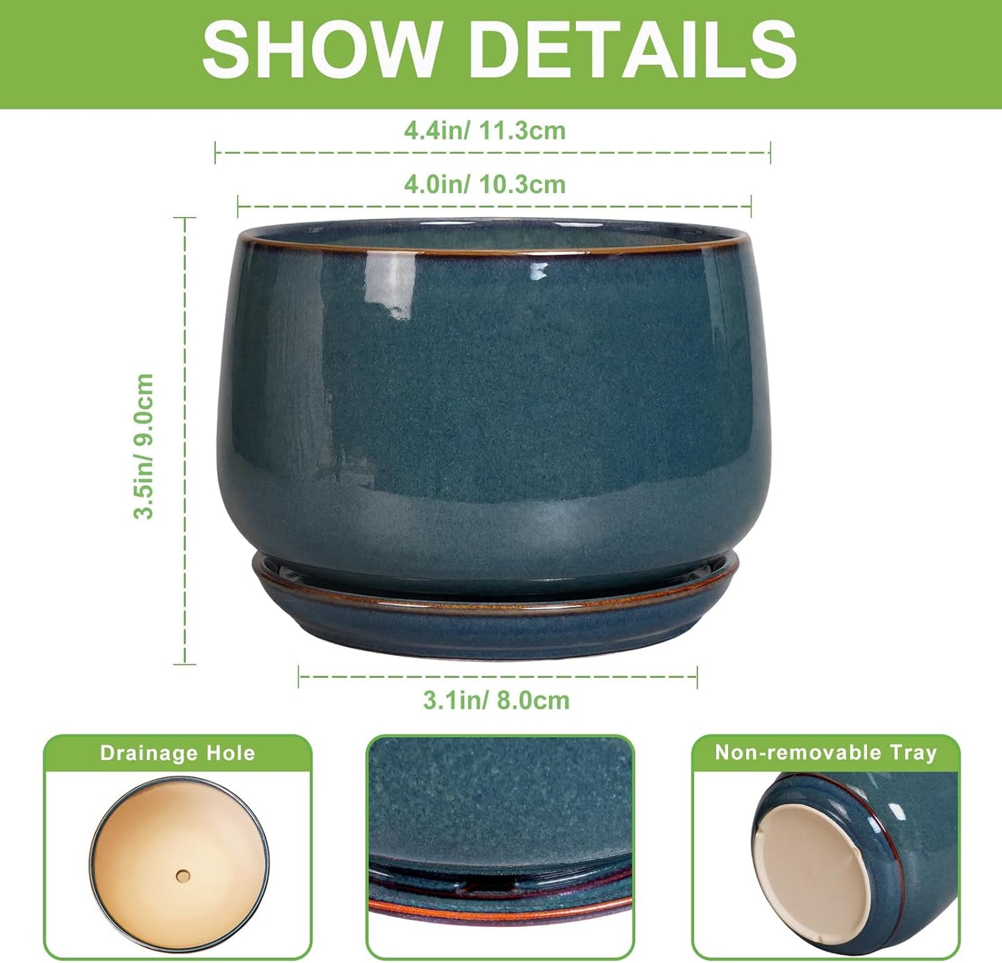 G EPGardening Ceramic Pots for Plants - 4 inch Plant Pots for Indoor Outdoor, Small Planter with Drainage Hole & Tray, Modern Succulent Pots, Round Planter, Office Decor, Home Gifts, Retro Blue