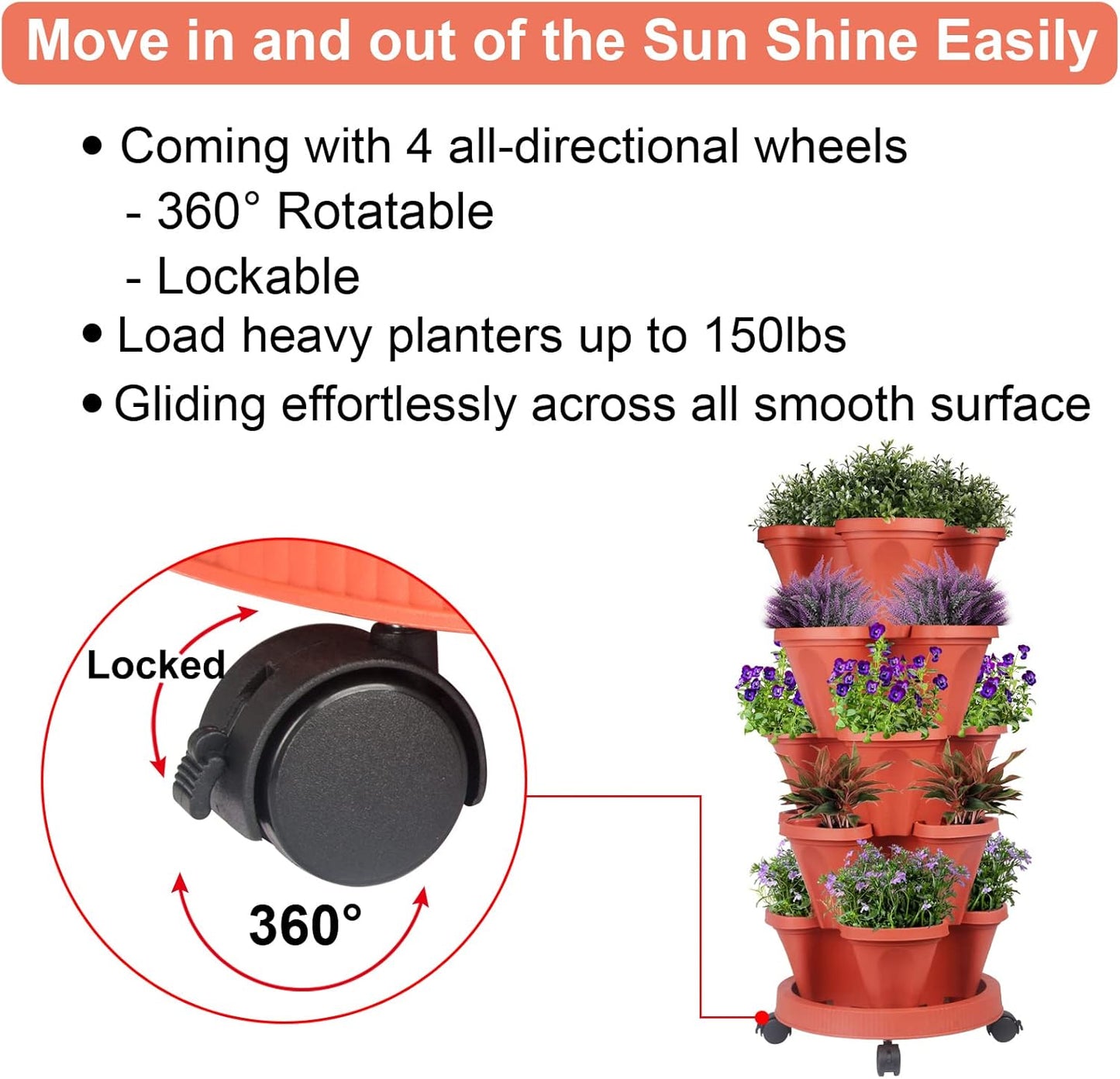 Vertical Planter 5 Tier Stackable Planters Garden Planters Strawberry Herb Flower and Vegetable Planter Indoor Outdoor Gardening Pots with Removable Wheels and Tools