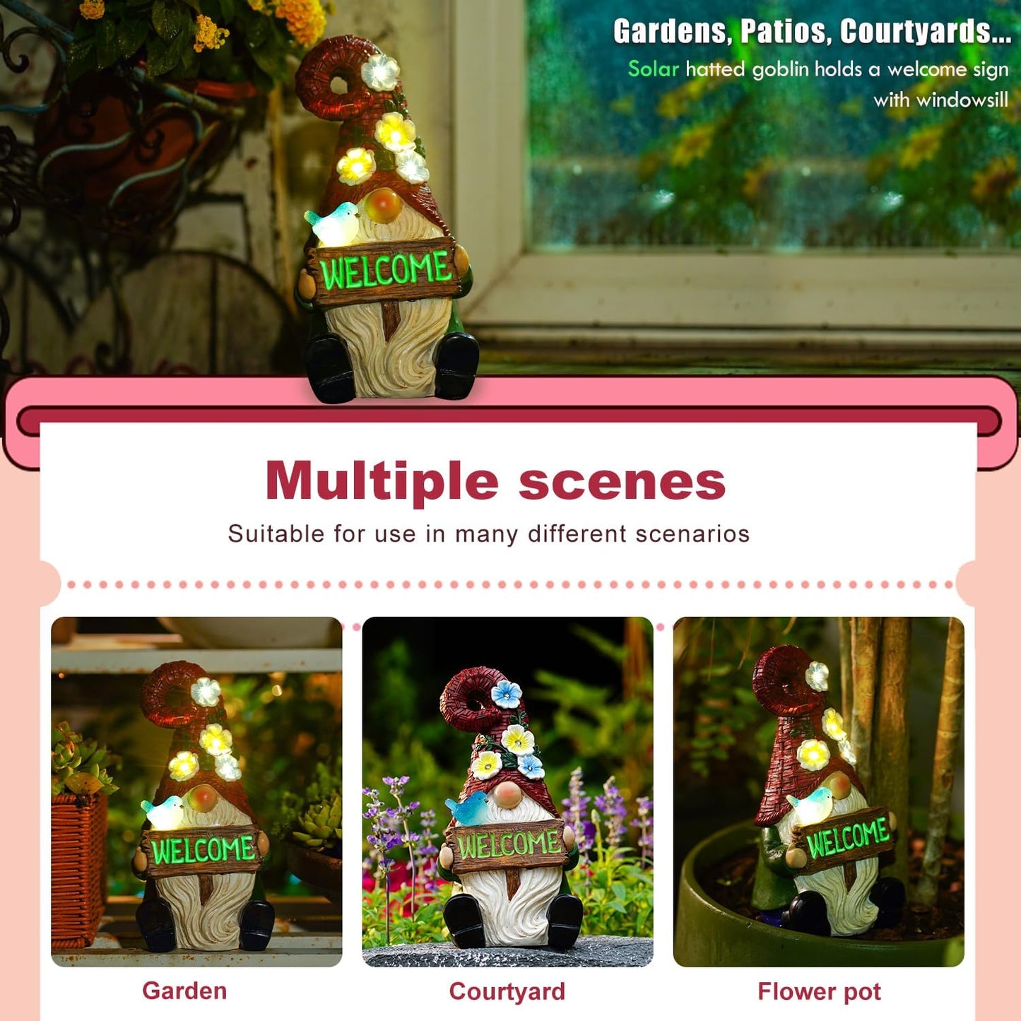 Solar Gnome with Wlecome Decor for Yard Decorations - 10 Inch Gnome Statue Decor for Outdoor,Perfect Garden Gifts for Women,Mom