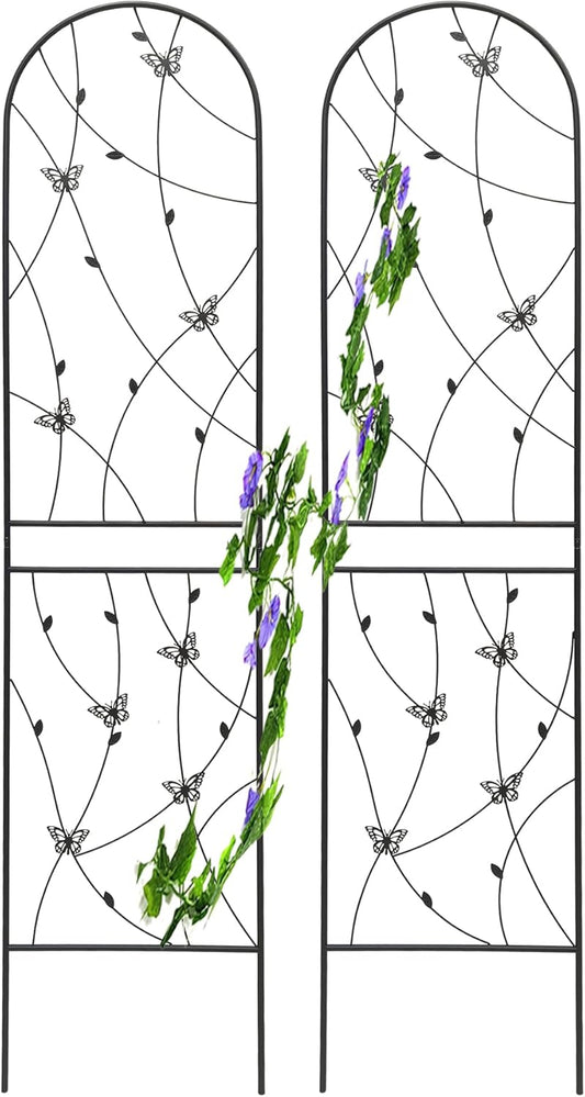 2 Pack Metal Garden Trellis for Climbing Plants, 86.7" Tall Rustproof Outdoor Trellis Panel with Butterfly Design, Decorative Black Iron Plant Support for Vine, Rose, Flower, Garden Wall