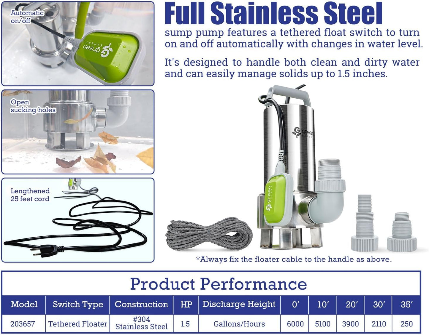 Green Expert 1.5HP Submersible Sump Pump 6000GPH High Flow Full 304 Stainless Steel with tethered Float Switch for Automatically Water Draining in Flooded Basement Pit Sewage Sink Pool Hot Tub