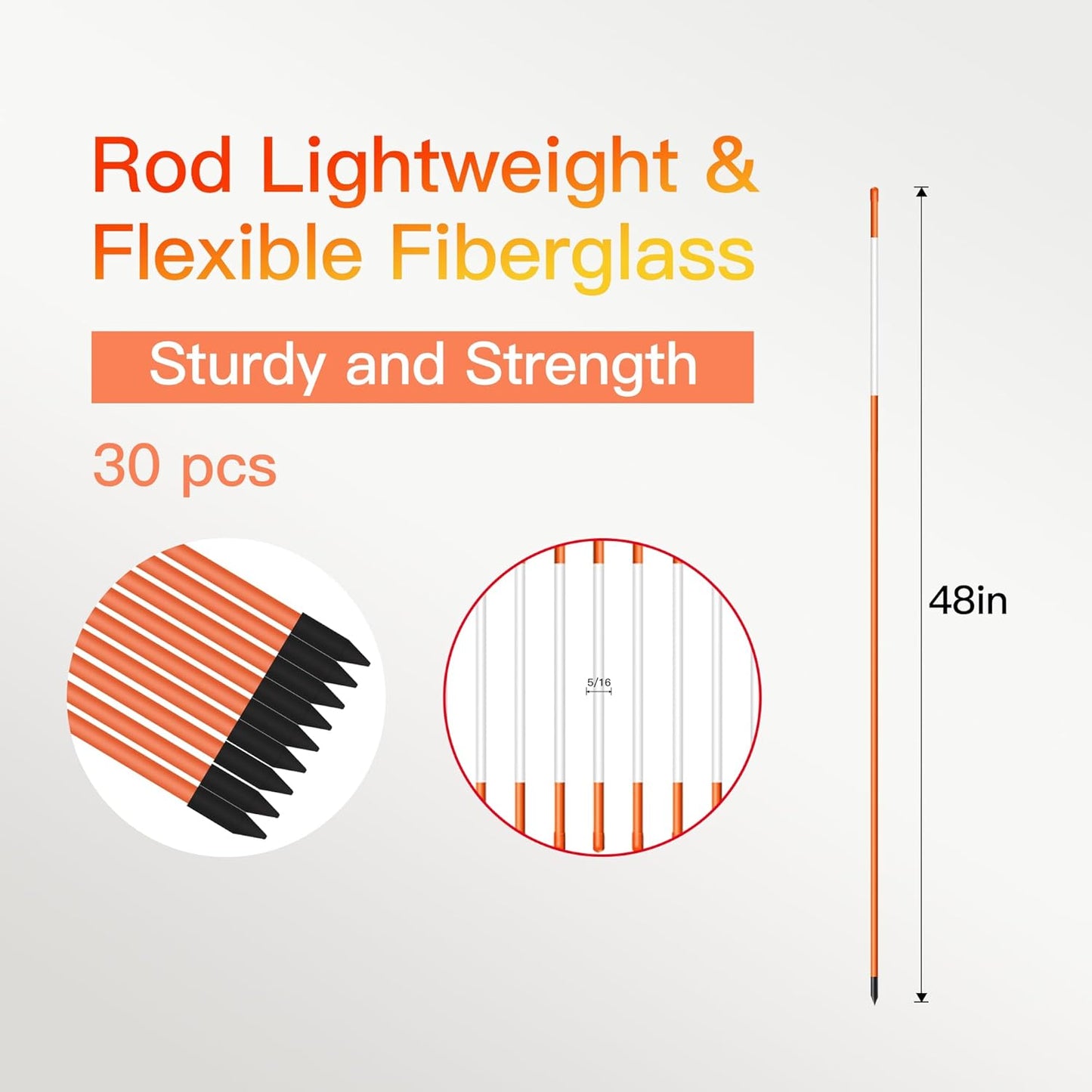 Driveway Markers 4 Feet 30pcs, 5/16 in Dia Snow Stakes with Reflective Tape, Highly Visible for Parking, Walkways, Snow Markers, 48 inch Dia Orange Fiberglass Driveway Reflectors with Steel Drill Bit