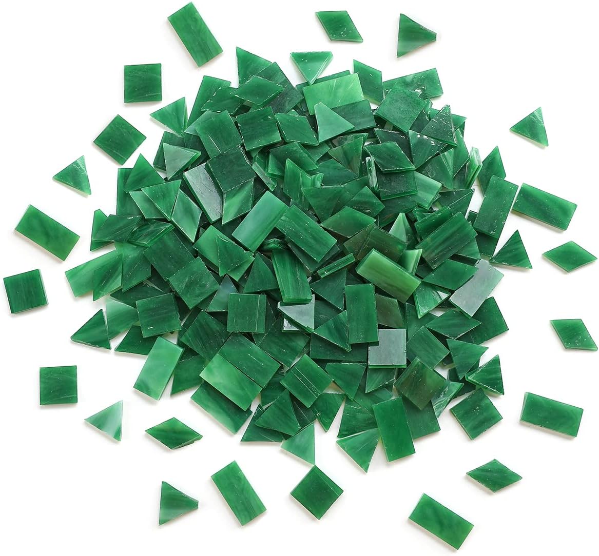 Lanyani 200 Mixed Color Glass Mosaic Tiles - 4 Shapes, Tiffany Stained Glass Pieces for Crafts, Pine Green