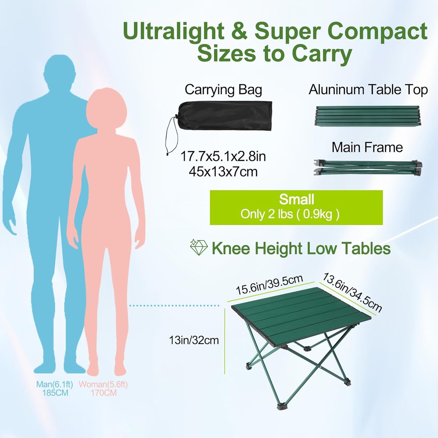 Tesouro Portable Camping Table,Folding Side Table Aluminum Top for Outdoor Cooking, Hiking, Travel, Picnic (Blackish Green-Small)