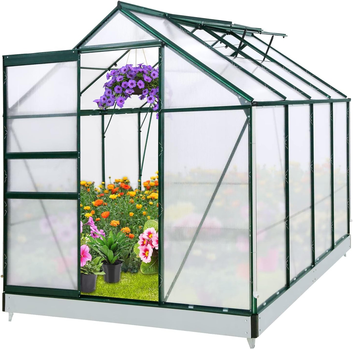EAGLE PEAK 6x8x7 Outdoor Walk-in Hobby Greenhouse with Adjustable Roof Vent and Rain Gutter, Base and Anchor, Polycarbonate Aluminum Green House for Backyard Garden, Dark Green