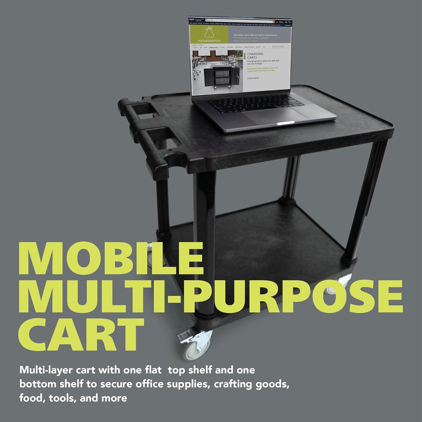 Pearington 2-Tier Compact Multi-Purpose Plastic Utility Cart with Lockable Wheels up to 150lbs, Black