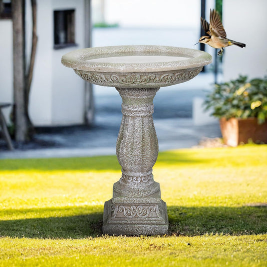 SunJet 23.8 Inch High Concrete Bird Bath with Carved Pedestal – Birdbath Sturdy & Elegant Design, Stone-Like Texture, Attracts Birds and Enhances Garden, Patio, Yard, Lawn Decor