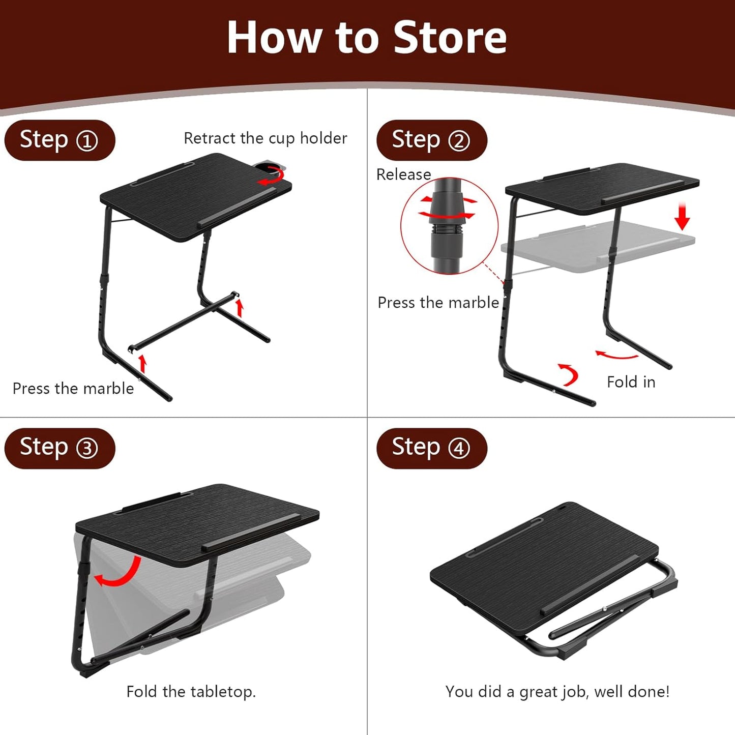 Adjustable TV Tray Black Dinner - Folding Trays for Eating On Couch Wooden Tables Mate Stand Foldable Desk with Cup Holder Portable