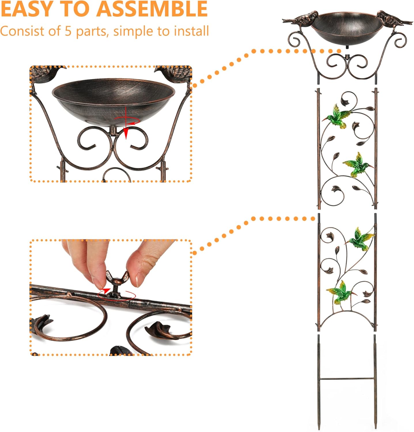 LEWIS&WAYNE Garden Trellis Bird Bath Outdoor, 40 Inch Antique Iron Garden Plant Trellis Decorative with Hummingbirds and Detachable Drinking Basin Bowl, Free Standing BirdBath Birdfeeder Station