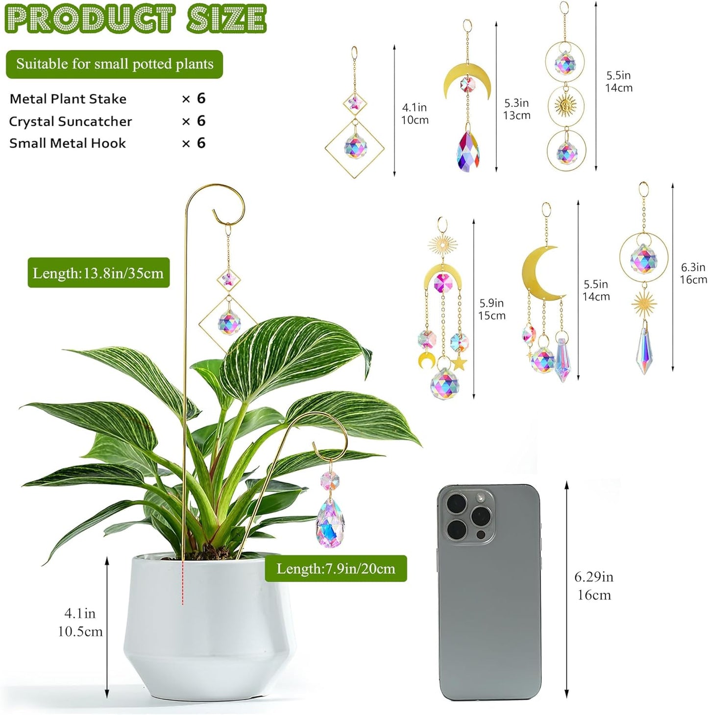 HDCRYSTALGIFTS 6PCS Small Trellis for Potted Plants Indoor with Crystal Sun Catcher, 13.5'' Metal Plant Stakes Suncatchers for Mini Potted Plant Accessories Home Garden Decor