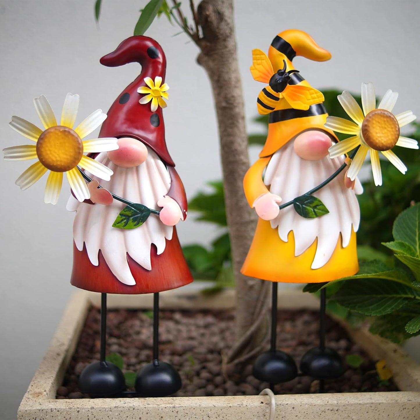 HONGLAND Gnome Metal Yard Art - Metal Gnome Statue -Gnome Outdoor Decorations - Bee and Ladybug Garden Statue- Christmas Holiday Lawn Patio Yard Garden Decor (Set of 2)