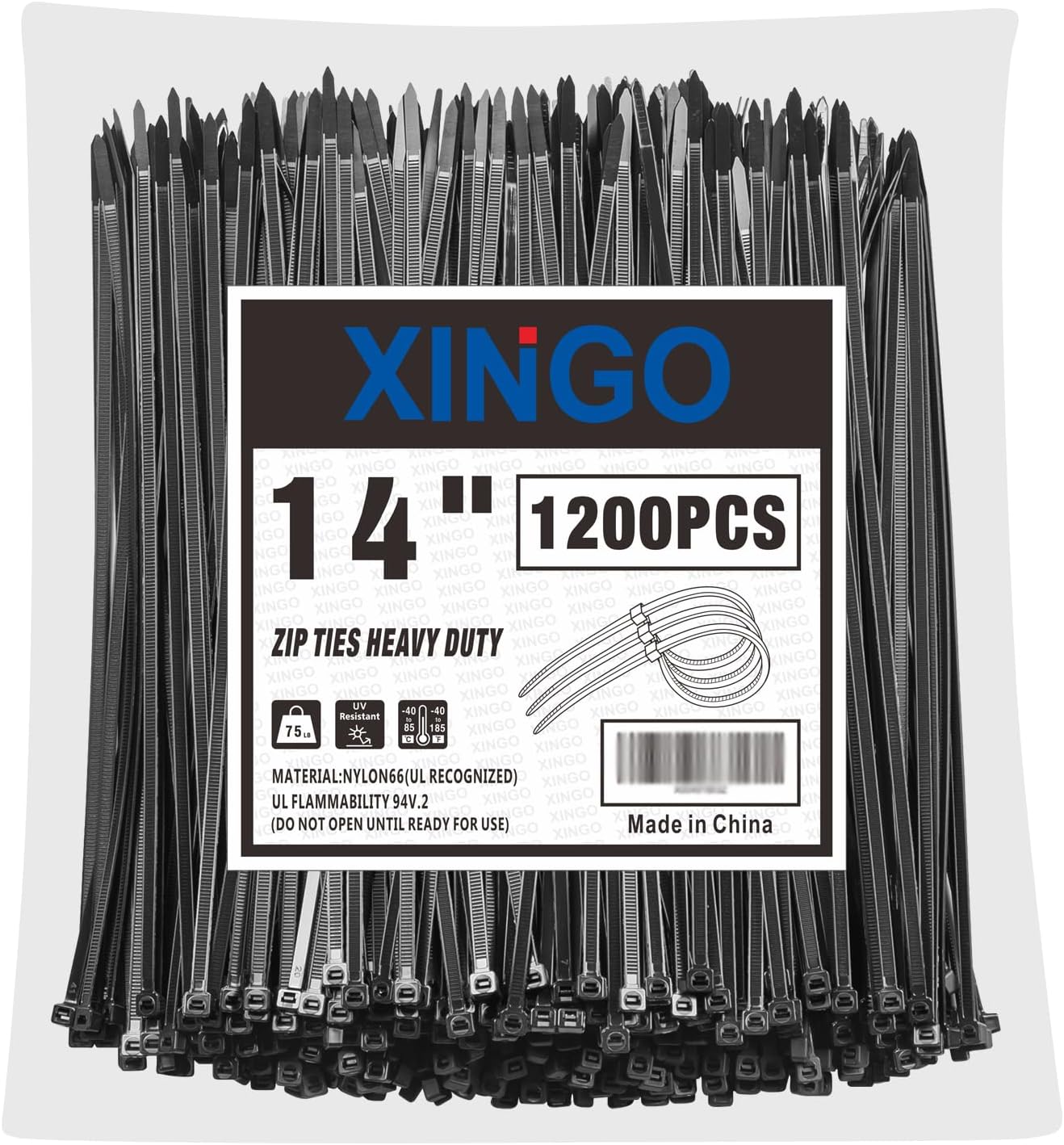 XINGO 14 Inch Black Zip Ties 1200 PCS, 75 LBS Tensile Strength, UV Resistant Cable Ties, Premium Self-locking Plastic Ties for Indoor and Outdoor Use