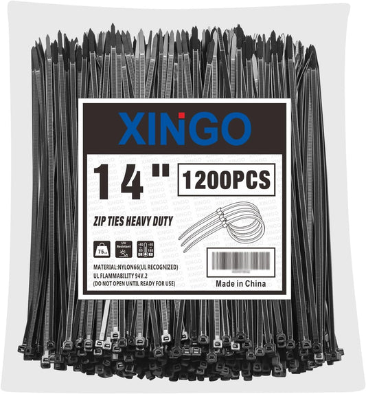 XINGO 14 Inch Black Zip Ties 1200 PCS, 75 LBS Tensile Strength, UV Resistant Cable Ties, Premium Self-locking Plastic Ties for Indoor and Outdoor Use