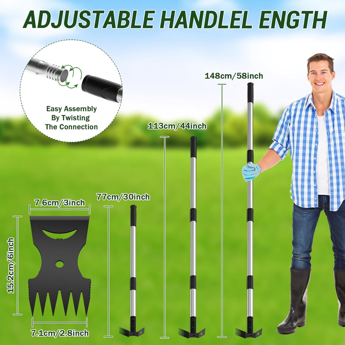 Long Handle Weed Puller Tool – 2-in-1 Handle Garden Hoe and Weed Rake, Hoe Garden Tool for Home Gardens, Lawns, and Yards