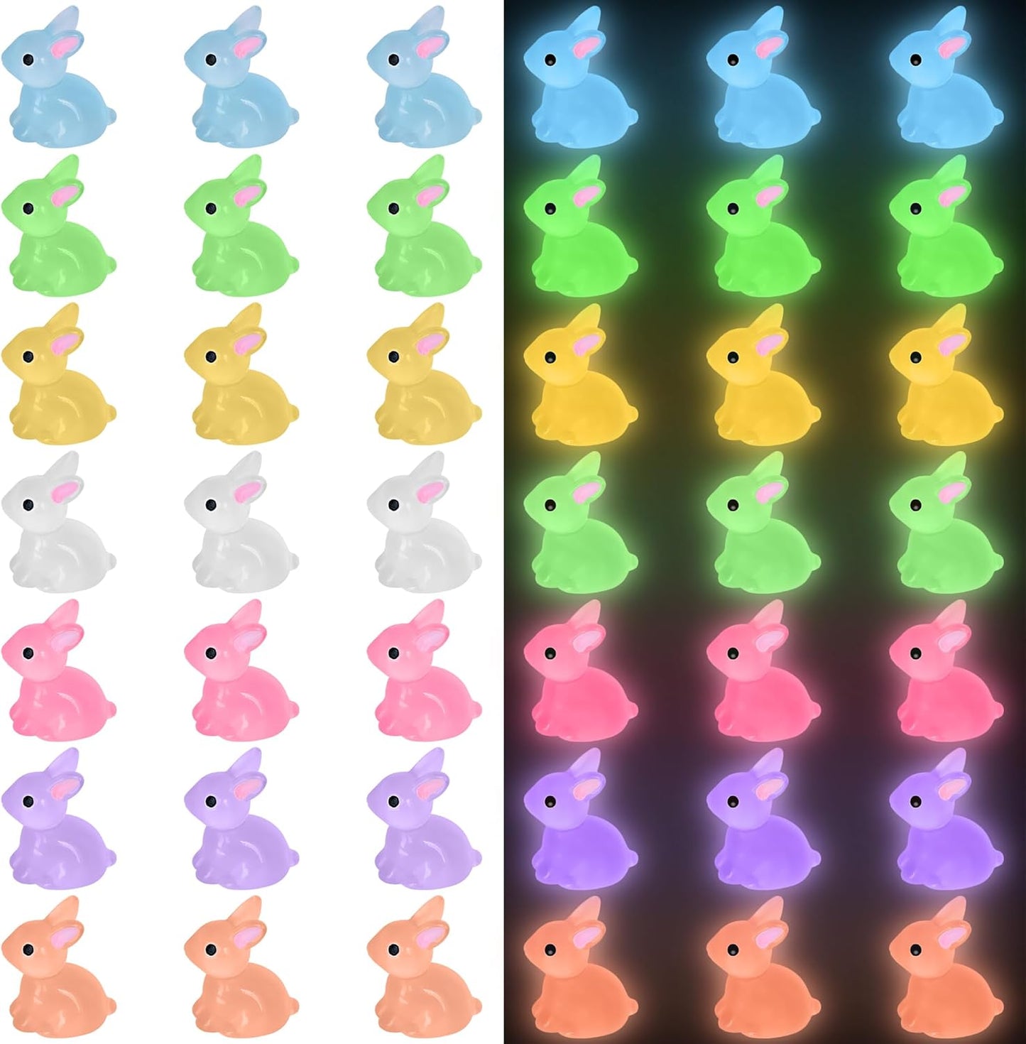 50 PCS Luminous Mini Resin Bunny Tiny Plastic Rabbits Glow in the Dark Miniature Bunnies Figurines for Easter Egg Fillers Fairy Garden Miniature Moss Landscape Decoration (7 Colors Tiny Bunny)