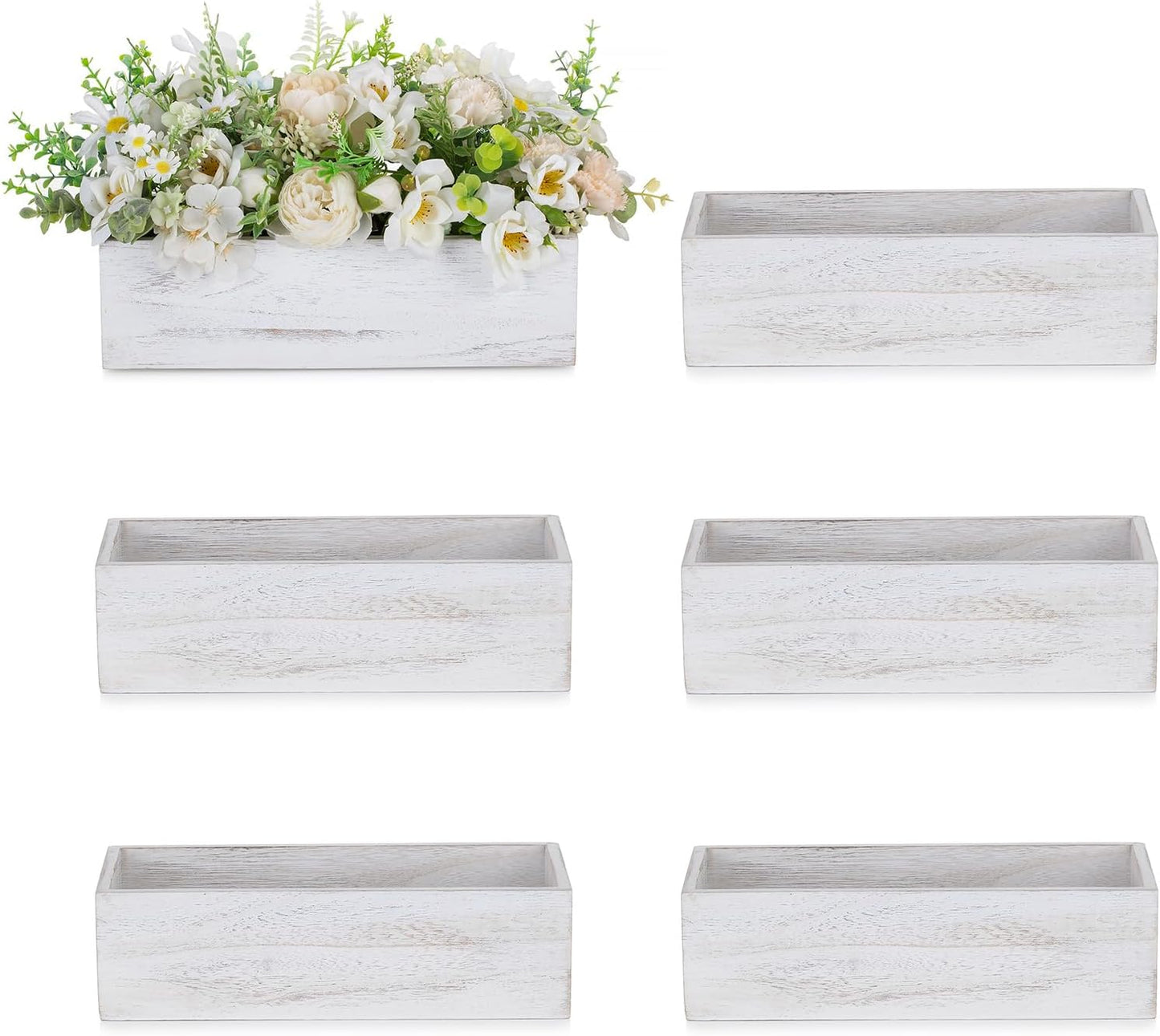 NUPTIO Flower Box Rectangle Centerpieces: 6 Pcs 11.8" Long Wood Vase Boxes Small Rustic Washed White Centerpiece Box for Wedding Tables Fall Decor