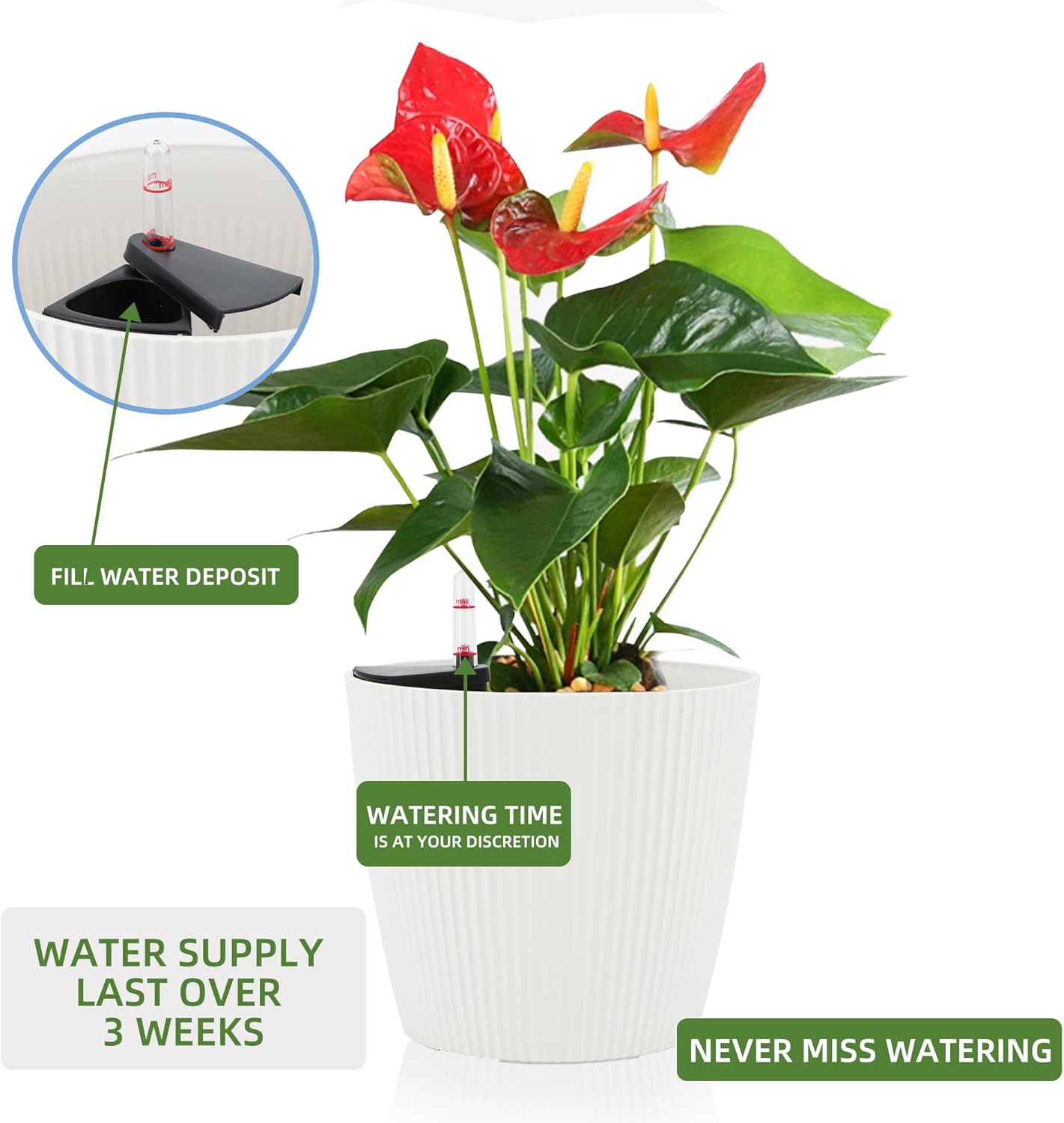 Dexceder 13x12 Self Watering Planters Indoor, Inner Mat Design, Floor Standing Flower Plant Pot with Water Level Indicator (2 Pack, White)