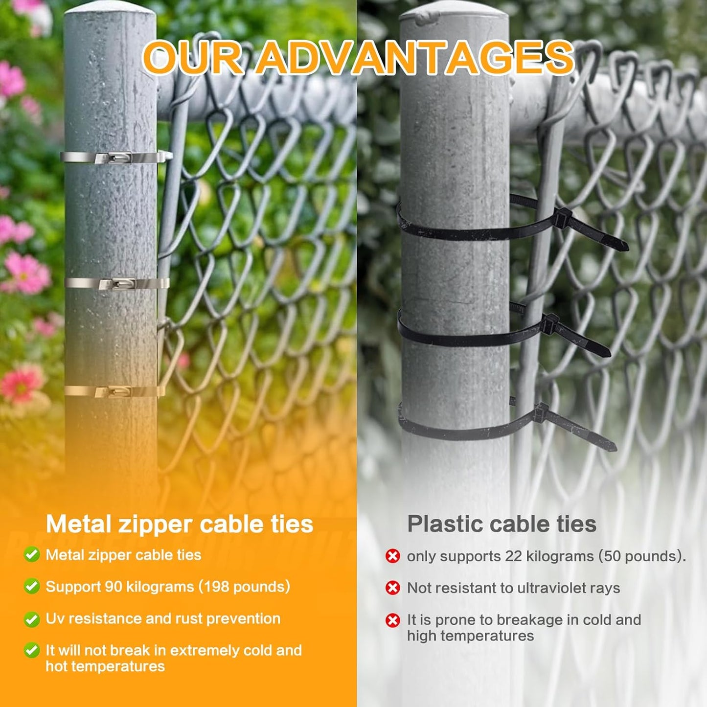 Metal Zip Ties 11.8 inch 100pcs 304 Stainless Steel Zip Ties Heavy Duty Multi Purpose Self Locking Cable Ties for Outdoor, Fence, Garden, Farm Automotive Applications Like Exhaust Packaging etc