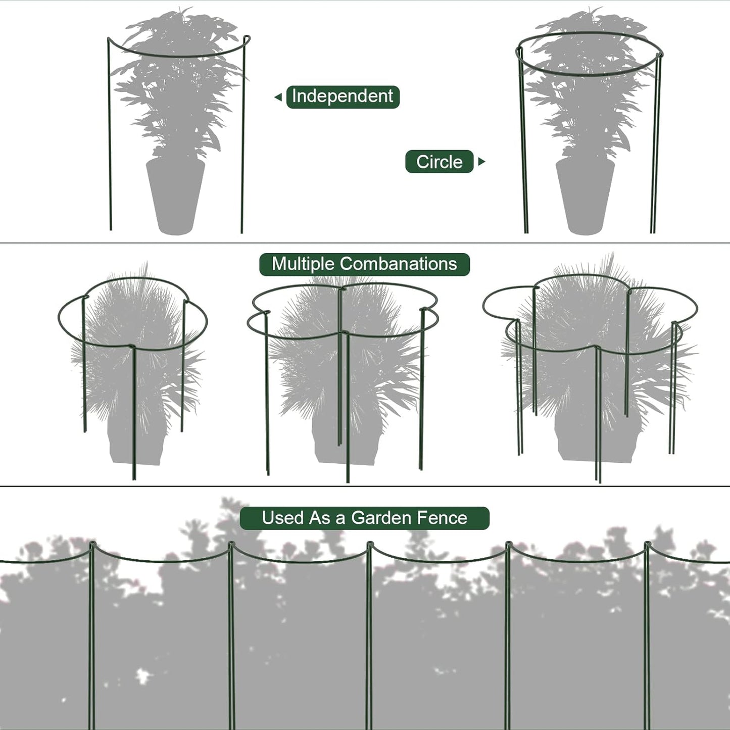 FEED GARDEN 8 Pack Plant Support Stakes, Peony Cages and Supports, Metal Garden Plant Stake(10" Wide x 16" High) Green Half Round Plant Support Rings for Outdoor Indoor Plants, Tomato, Hydrangea