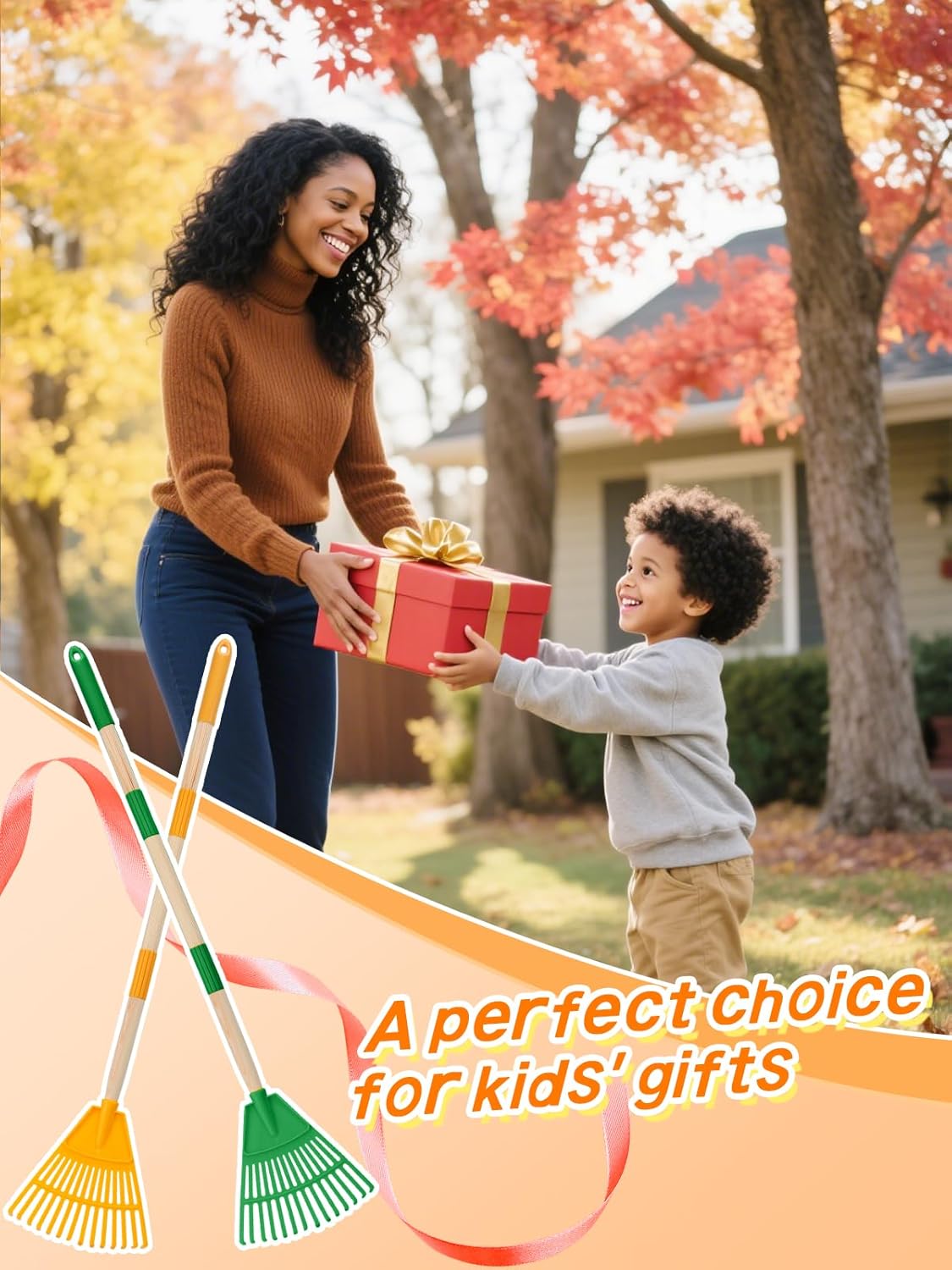 4 Pcs 34" Lightweight Kids Rakes with Wood Handle - Plastic Garden Rake for Leaves, Safe to Use Kid Yard Tools for Boys Girls Fall School Outdoor Activities (Red, Yellow, Blue, Green)