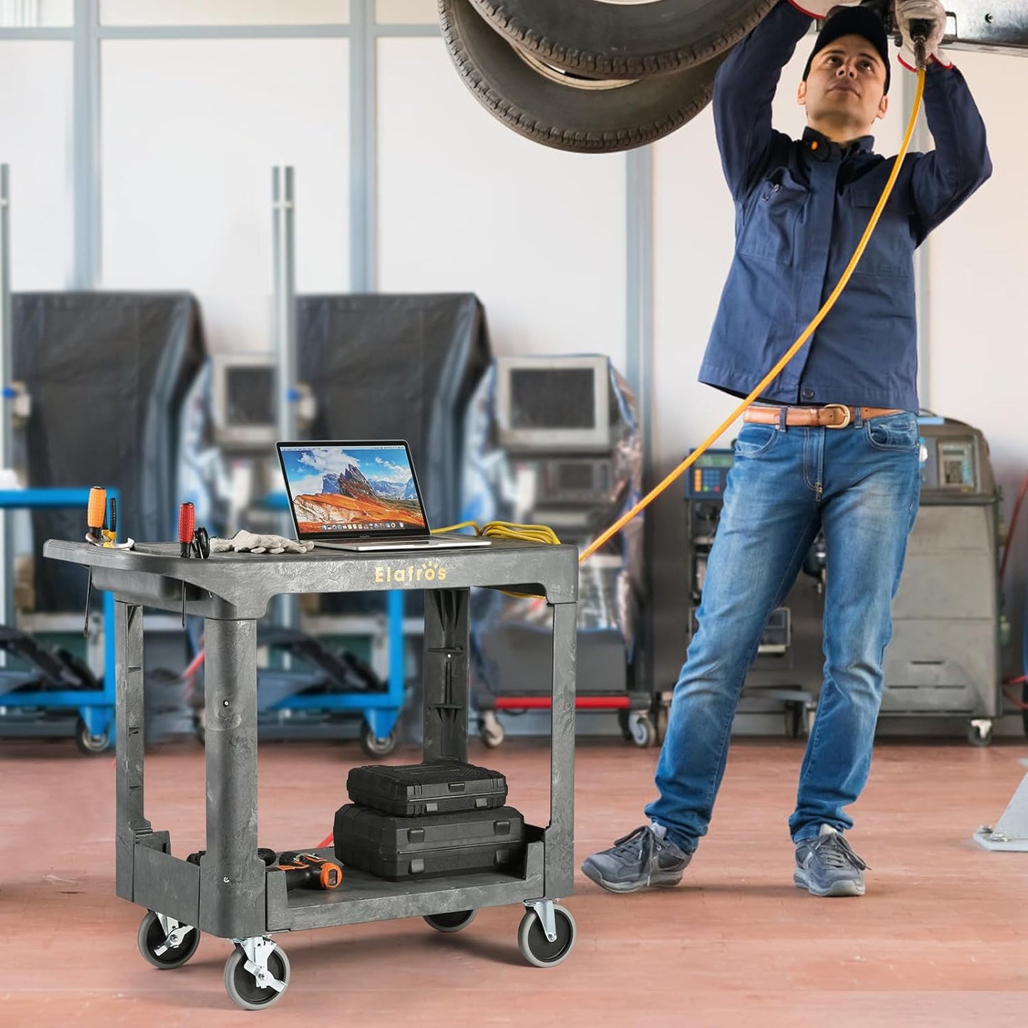 ELAFROS Heavy Duty Plastic Utility Cart Flat top 37 x 18.8 Inch - Work Cart Flat Shelves and Full Swivel Wheels Safely Holds up to 550 lbs - 2 Tier Service Cart for Warehouse,Garage, Cleaning Gray