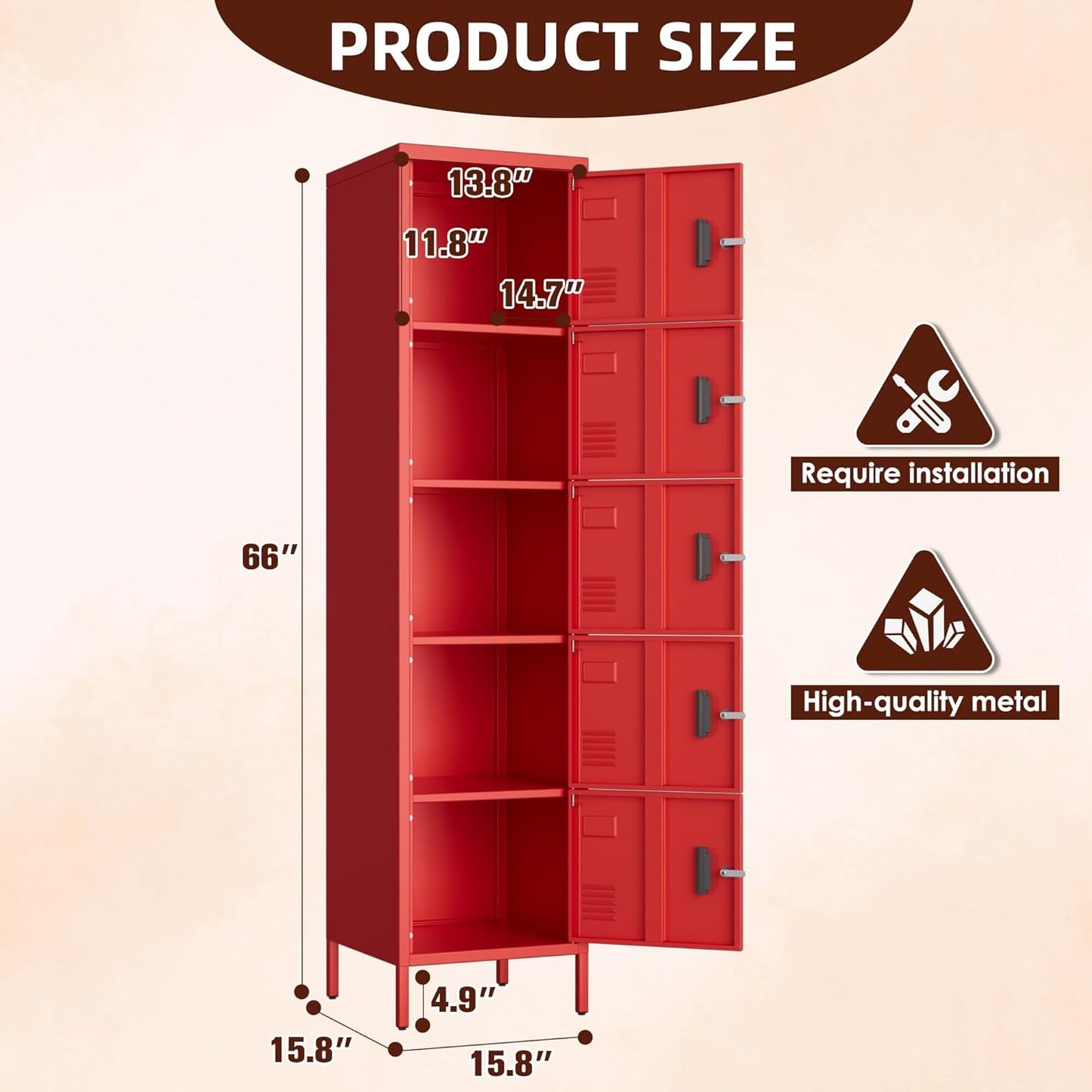 5 Doors Metal Storage Locker for Employees,Steel Home Office Storage Cabinet,66" H Employee Lockers with Adjustable Feet for School Gym Home Office, Assembly Required,Red