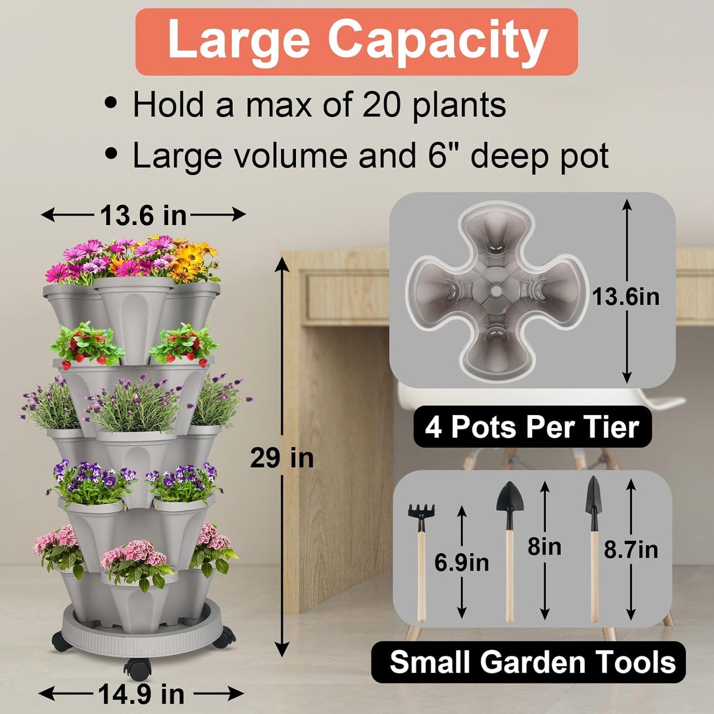 Vertical Planter 5 Tier Stackable Planters Garden Planters Strawberry Herb Flower and Vegetable Planter Indoor Outdoor Gardening Pots with Removable Wheels and Tools