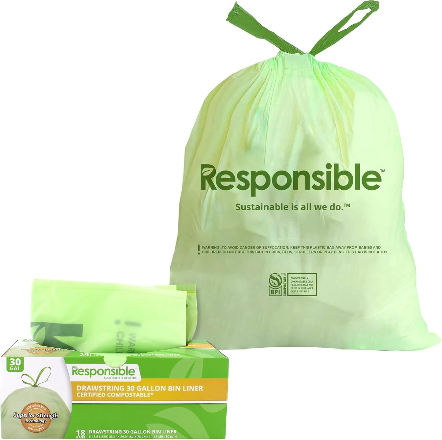 Kitchen Bin Liners, Certified Compostable, Heavy Duty Multipurpose Food Scrap Bags, Made from Compostable Materials (30 Gallon Drawstring, (18 Count))