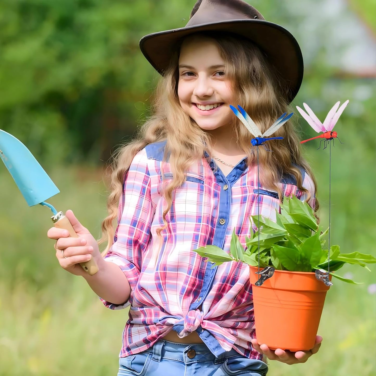 Jongdari 12 Sets Dragonfly Hat Clip Realistic Fake Dragonflies Clip-On Garden Outdoor Decor Stakes Plastic Dragon Fly Clips Plant Decorations for Pots, Includes Pliers & Clips