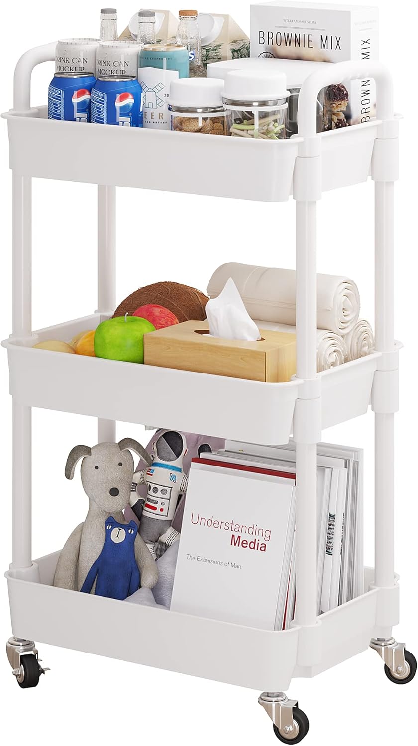 UDEAR 3-Tier Rolling Utility Cart with 12 Category Labels,Multifunctional Storage Shelves with Handle and Lockable Wheels for Room,Office,Kitchen,Bathroom,White